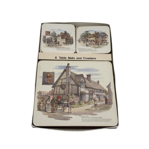 Vintage Clover Leaf Olde Inns 6 Table Mats and Coasters Pubs Cork Backs Jamaica - Picture 1 of 6